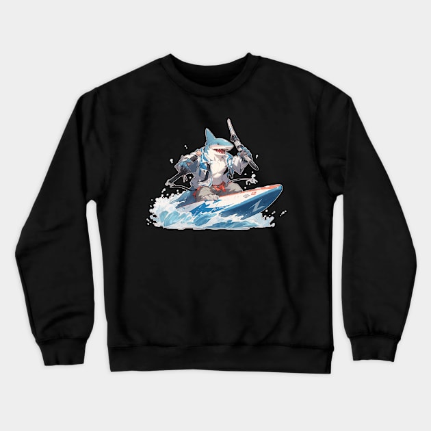 Anime Shark on a Jet Ski Crewneck Sweatshirt by DanielLiamGill